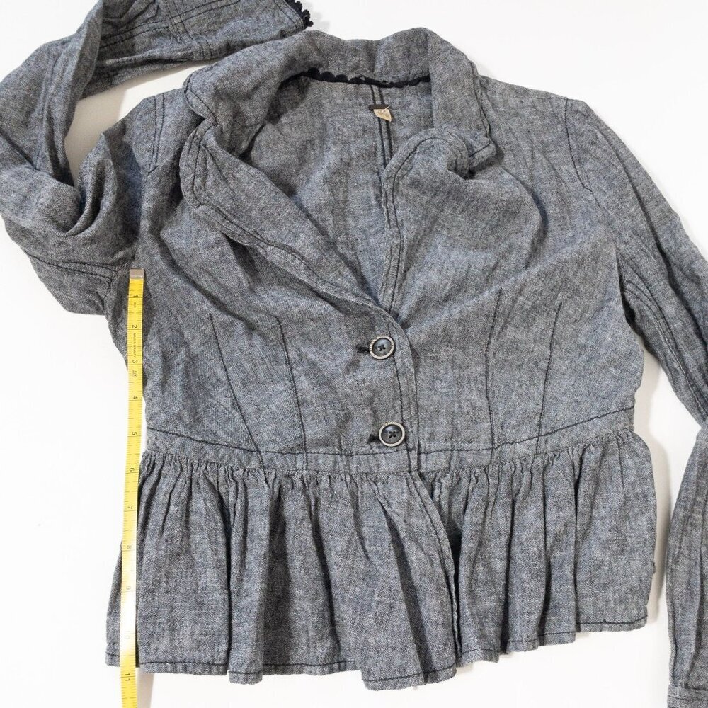 Free People XS Gray Ruffled Peplum Jacket Linen Cotton Blend Indie Rock Twee - Picture 6 of 9